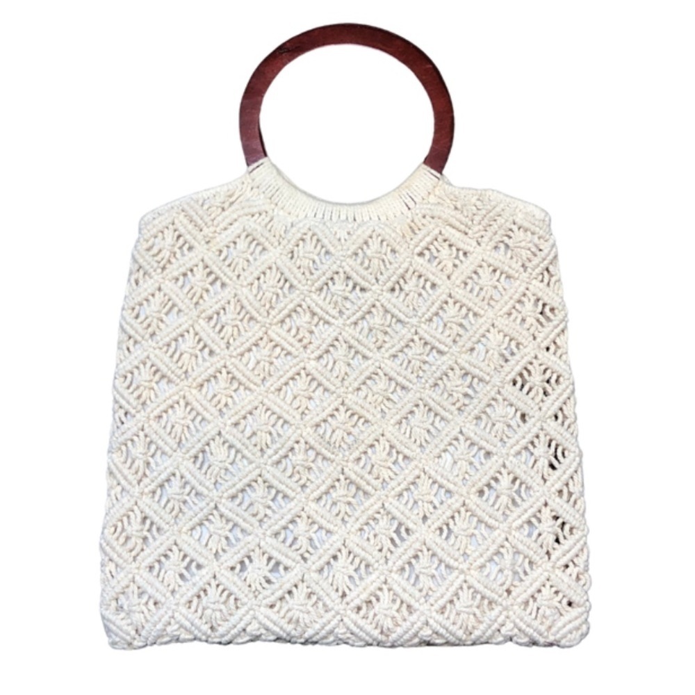 Bohemian Macrame Tote Bag Wooden Ring Handles Cream Knitted Shoulder Bag - Picture 7 of 13